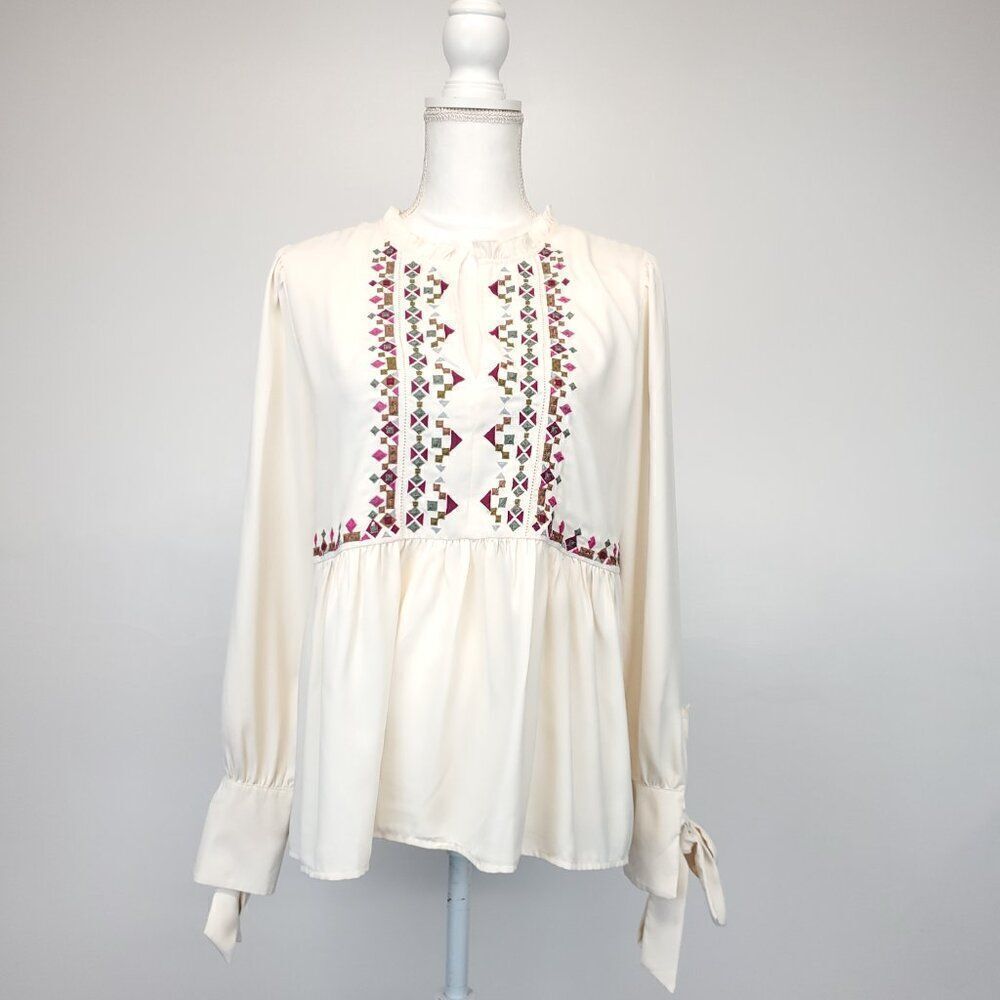 Ann Taylor Long Sleeve Boho Embroidered Ivory Blouse  Size Small In e Size Small